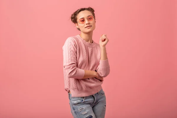 Jovem Mulher Muito Sensual Roupa Elegante Suéter Rosa Óculos Sol — Fotografia de Stock