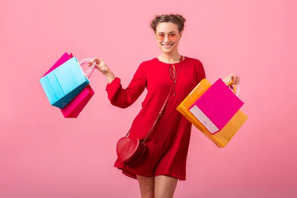 Aantrekkelijk Gelukkig Glimlachen Stijlvol Vrouw Shopaholic Rood Trendy Jurk Met — Stockfoto