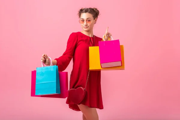 Aantrekkelijke Vrolijke Grappige Emotie Stijlvolle Vrouw Shopaholic Rood Trendy Jurk — Stockfoto