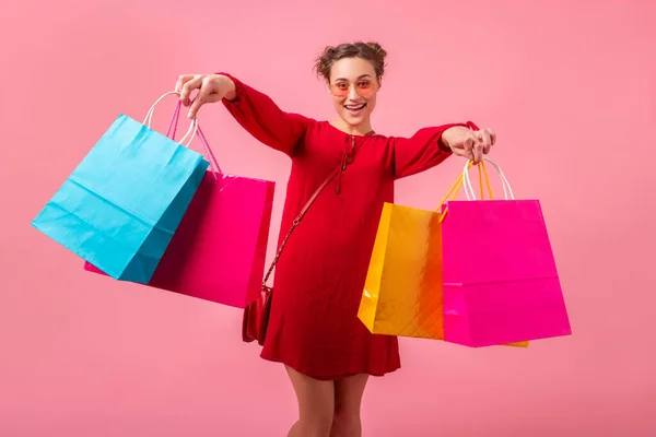 Aantrekkelijke Vrolijke Grappige Emotie Stijlvolle Vrouw Shopaholic Rood Trendy Jurk — Stockfoto