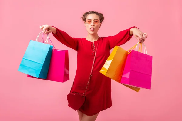 Aantrekkelijke Vrolijke Grappige Emotie Stijlvolle Vrouw Shopaholic Rood Trendy Jurk — Stockfoto