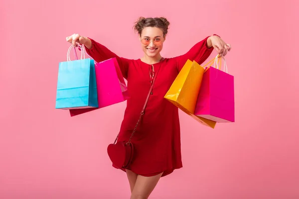 Aantrekkelijke Vrolijke Grappige Emotie Stijlvolle Vrouw Shopaholic Rood Trendy Jurk — Stockfoto