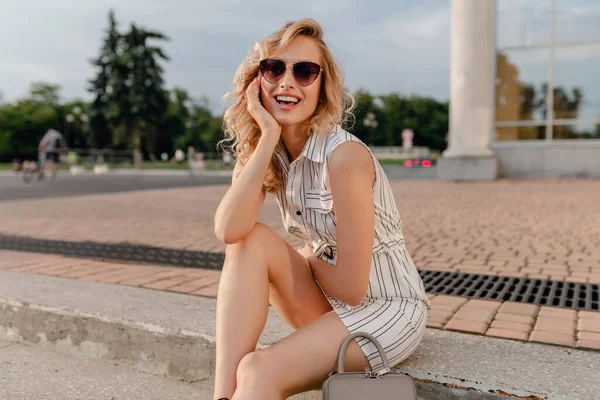 Young Attractive Cute Stylish Blonde Woman Sitting City Street Summer — Stock Photo, Image