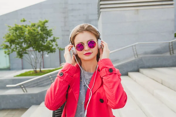 Young Hipster Woman Pink Coat Jeans Street Coffee Listening Music — Stock Photo, Image