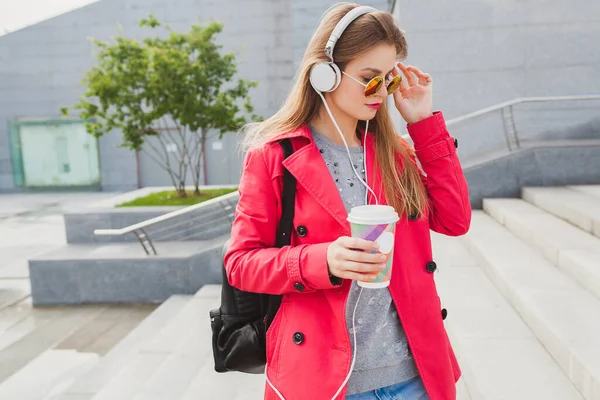 Young Hipster Woman Pink Coat Jeans Street Backpack Coffee Listening — Stock Photo, Image