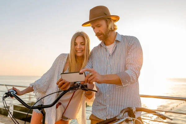 Young Attractive Smiling Happy Man Woman Traveling Bicycles Taking Selfie — Stock Photo, Image