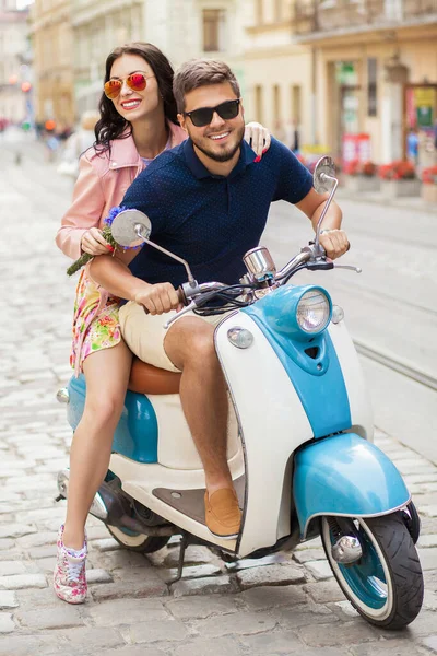 Young Beautiful Hipster Couple Riding Motorbike City Street Summer Europe — Stock Photo, Image