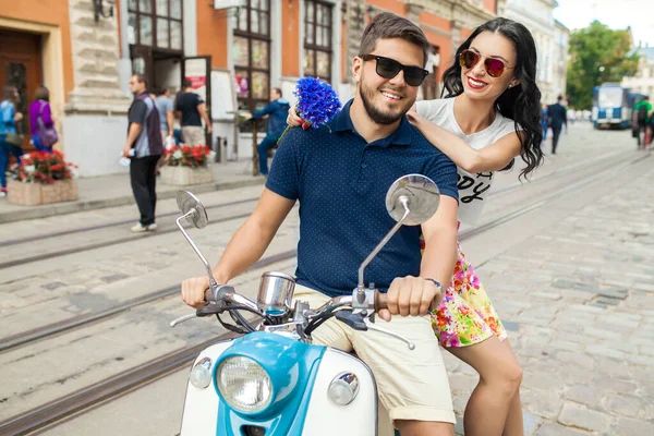 Young Beautiful Hipster Couple Riding Motorbike City Street Summer Europe — Stock Photo, Image