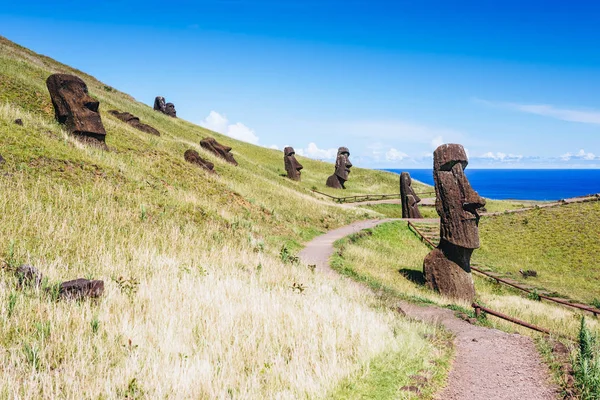 Estátuas Moai Vulcão Rano Raraku Ilha Páscoa Parque Nacional Rapa — Fotografia de Stock