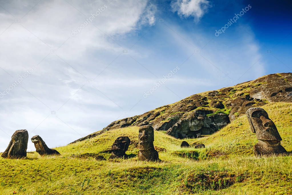 Moai statues in the Rano Raraku Volcano in Easter Island, Rapa Nui National Park, Chile