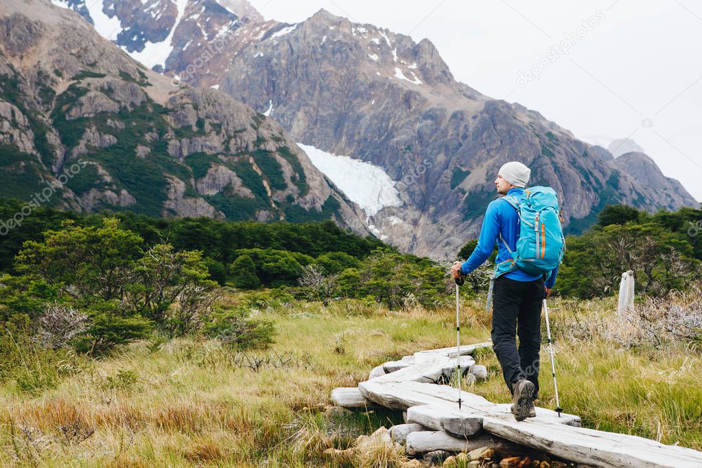 Hike in Patagonia. Adventure traveler on the trek to Fitz Roy Moutain. Argentina