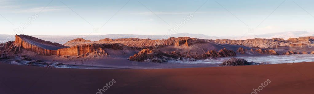 Panorama of Moon Valley in Atacama Desert at sunset, Chile