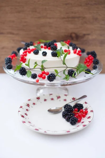 芝士蛋糕加浆果和薄荷糖 — 图库照片