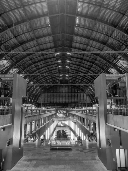 Antwerp, Belgium - March 2019: Central hall with platforms on different levels for passengers Inside the beautiful, historic and monumental Antwerp Train Station. Shot in Black and White. — Stock fotografie