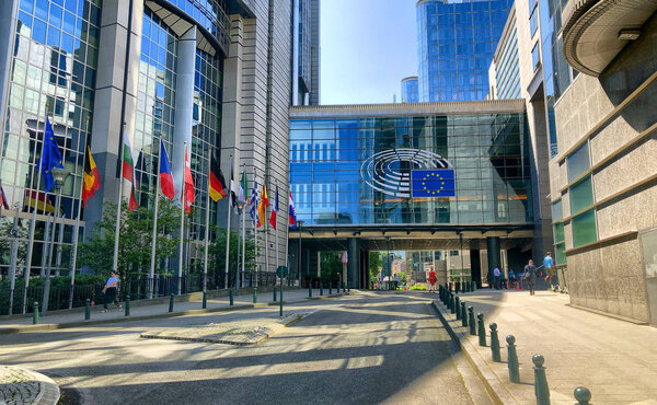 Brussels, Belgium, June, 2019, Modern building of European Parliament in the European quarter in Brussels, Belgium.