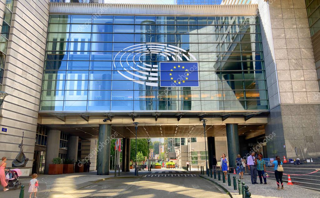 Brussels, Belgium, June, 2019, Modern building of European Parliament and Office buildings in the European district in Belgium, Europe
