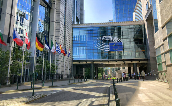 Brussels, Belgium, June, 2019, Modern building of European Parliament in the European quarter in Brussels, Belgium.