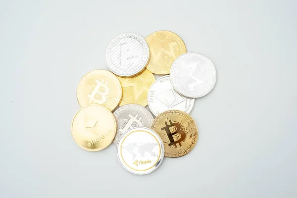 Bunch of Crypto currency coins with focus on BTC Bitcoin — Stock Photo, Image