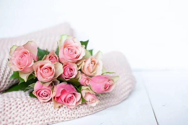 Розовые розы на розовом одеяле — стоковое фото