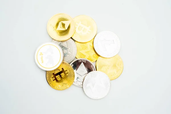 Bunch of Crypto currency coins with focus on BTC Bitcoin — Stock Photo, Image