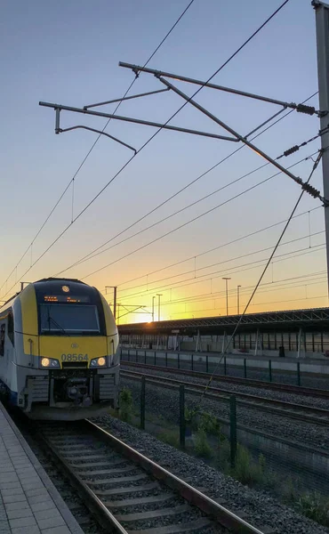 Brecht, Bélgica, junio 2019, Un tren de cercanías en la estación de tren de Noorderkempen en Brecht al amanecer — Foto de Stock