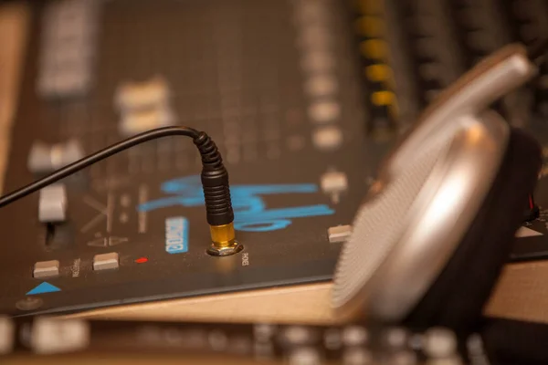 Closeup of an audio mixing control panel, dj equipment — Stock Photo, Image