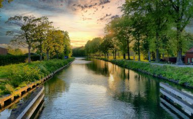 Ağaçlarla çevrili bir su kütlesinin üzerindeki köprü.