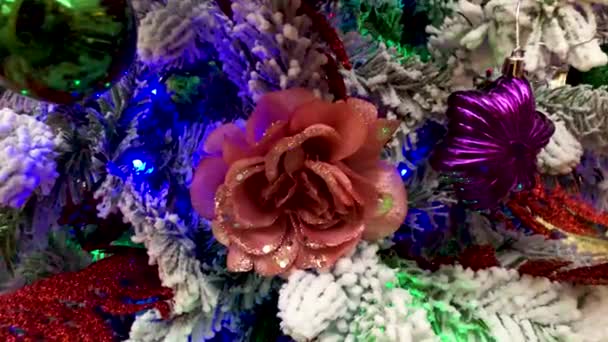 Close-up van een kerstboom met lichtjes die 's nachts schitteren. — Stockvideo