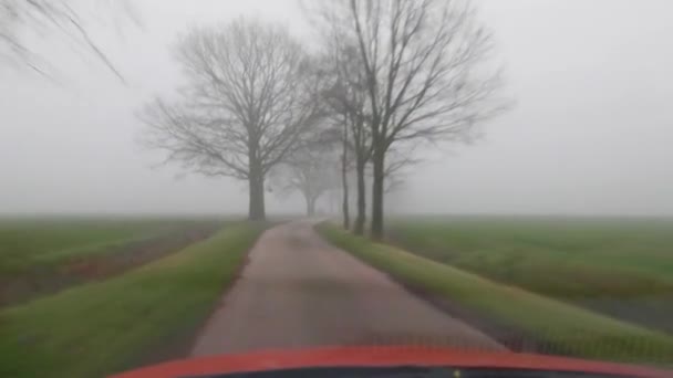 Водіння по туманній сільській дорозі — стокове відео