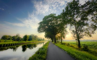 Gün batımında güzel bir gökyüzünün altında güzel ve canlı ağaçlarla kaplı nefes kesici bir nehir yolu.