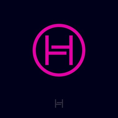 H düz logosunun. H harfi. Pembe H amblemi ile karanlık bir arka plan üzerinde daire. Monokrom seçeneğini.