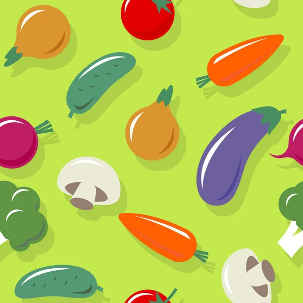 蔬菜无缝图案 绿色背景上的五彩蔬菜 素食图片 健康的有机模式 绿色背景下的胡萝卜 西红柿 椰菜茄子和洋葱 — 图库矢量图片