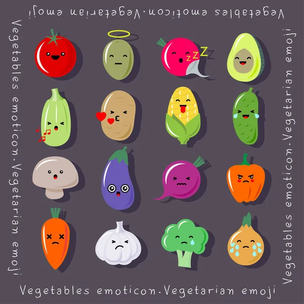 Vegetais Kawaii Emoji Cenouras Bonitas Rabanete Beterraba Pepino Cogumelos Tomate — Vetor de Stock