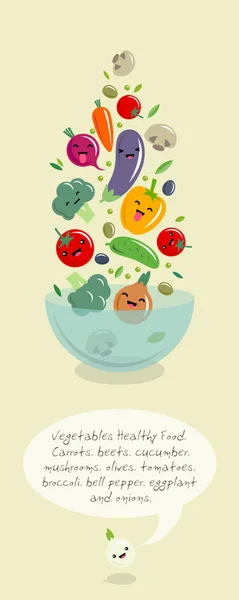Gemüse Kawaii Illustration Buntes Gemüse Fliegt Über Eine Große Salatschüssel — Stockvektor