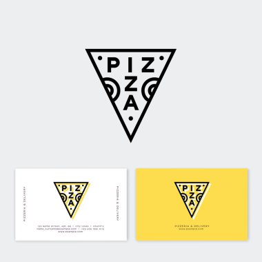 Pizza logosunu görmeniz gerekir. Geleneksel pizza tarzı. Basit doğrusal damga tarzı. Geometri tarzı. Pizzacı logo ve kartvizit. İtalyan geleneksel gıda amblemi. 