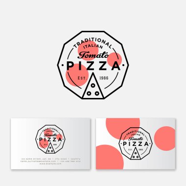 Pizza logosunu görmeniz gerekir. Domates pizza tarzı. Basit doğrusal damga tarzı. Geometri tarzı. Pizzacı logo ve kartvizit. İtalyan geleneksel gıda amblemi. 