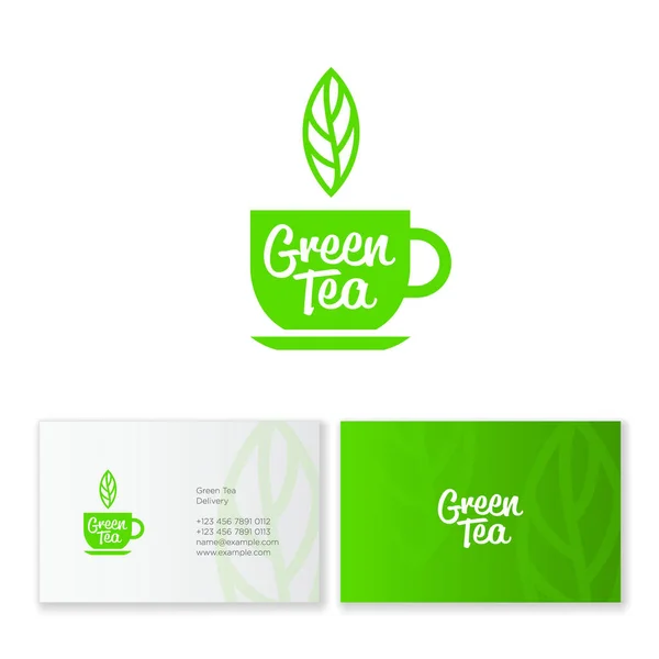 Zelený Čaj Loga Vizitek Zelený Pohár List Čaje Vizitka Vzorem — Stockový vektor