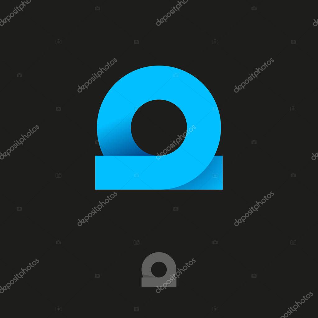 Omega Greek letter. Antique Omega logo like blue ribbon. Origami letter initial. Abstract monogram. Monochrome option.