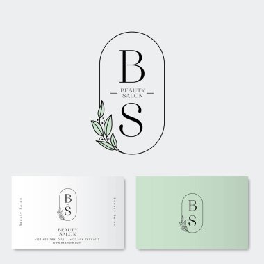 Güzellik Salonu Logo ve kimlik. B ve S Monogram. Kadın giyim veya iç çamaşırı arması. Yaprakları ve harfler ile zarif yuvarlak simge. Çiçek ya da iç çamaşırı dükkanı.