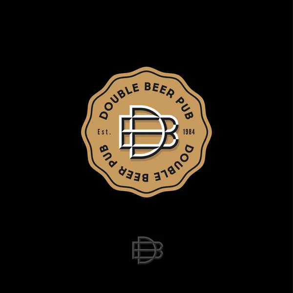 ダブル ビールのパブのロゴ 醸造所のエンブレムや記号 ゴールド バッジに文字を組み合わせます ビンテージ スタイルです モノクロ オプション — ストックベクタ