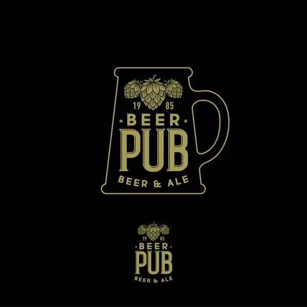 Emblème Pub Bière Mug Signe Avec Cônes Houblon Lettres Logotype — Image vectorielle