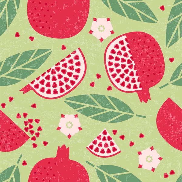 Vzor Bezešvé Granátové Jablko Šťavnaté Plody Listy Květy Omšelé Pozadí — Stockový vektor