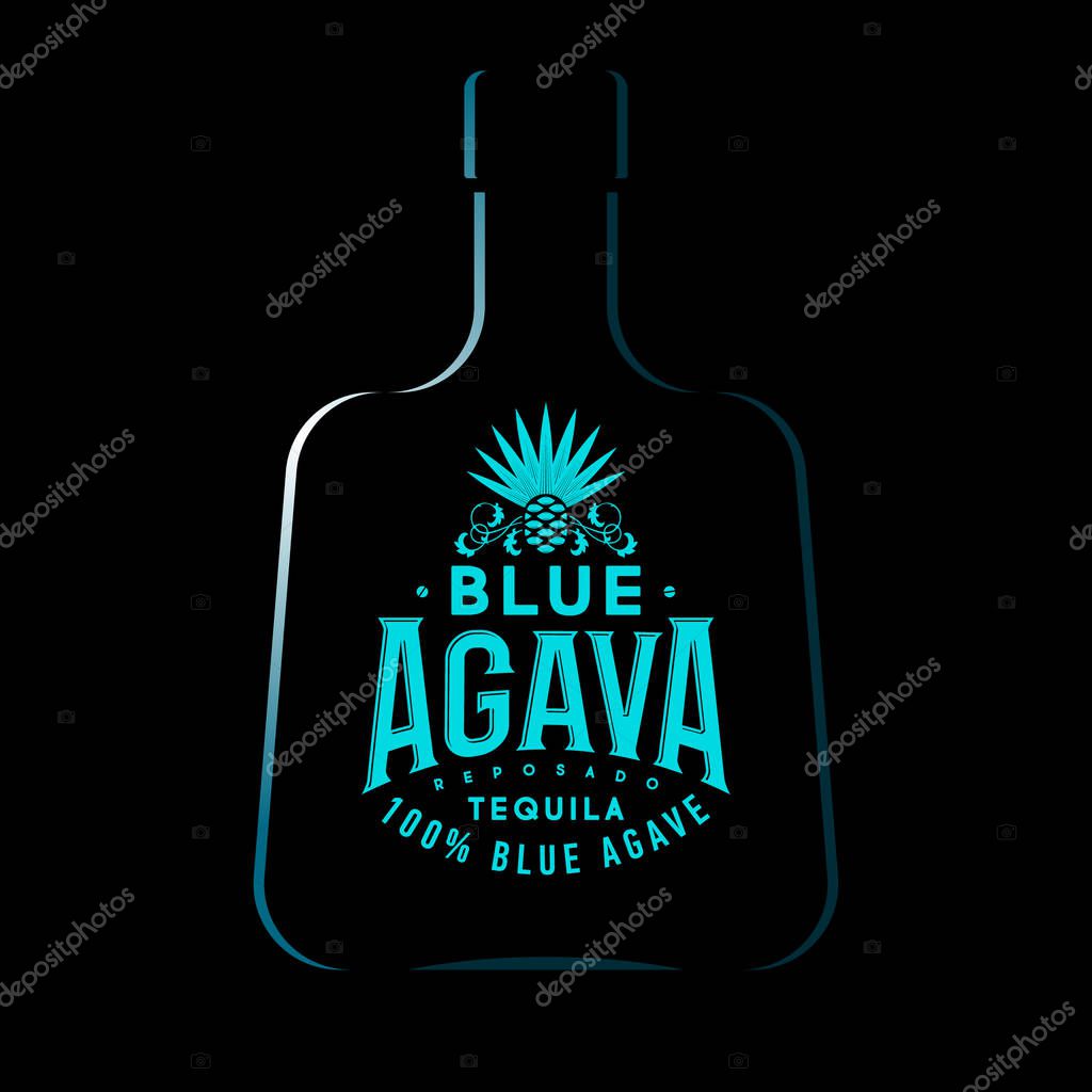 Tequila emblem. Blue Agave Tequila logo. Blue vintage letters and agave plant on dark background.