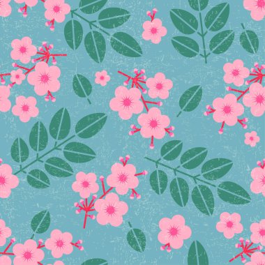 Pembe çiçekler seamless modeli. Şube ve küçük tomurcuklar çiçekleri yaprakları üzerinde eski püskü arka plan ile. Özgün basit düz örnek. Çiçek tasarım.