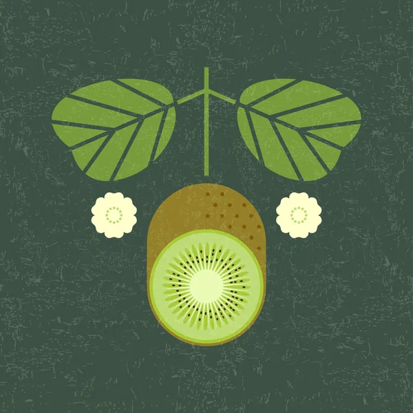 Illustrazione Kiwi Kiwi Taglio Maturo Con Foglie Fiori Sfondo Squallido — Vettoriale Stock