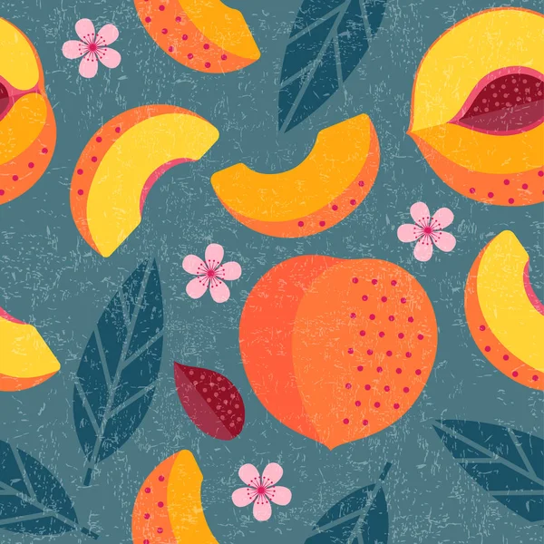 Peaches Patrón Sin Costuras Duraznos Enteros Cortados Rodajas Con Hojas — Vector de stock