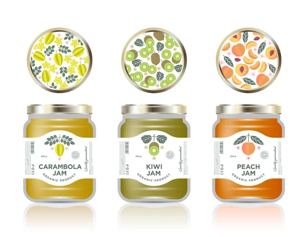 Three Jars Labels Fruit Jam Three Jars Mockup Carambola Star — Stock Vector