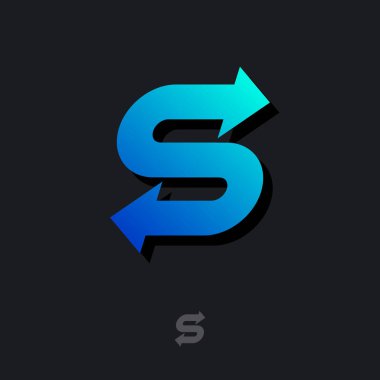 S harfi. Teslimat logosunu görmeniz gerekir. Karanlık bir arka plan üzerinde izole oklu S monogram. Monokrom seçeneğini.