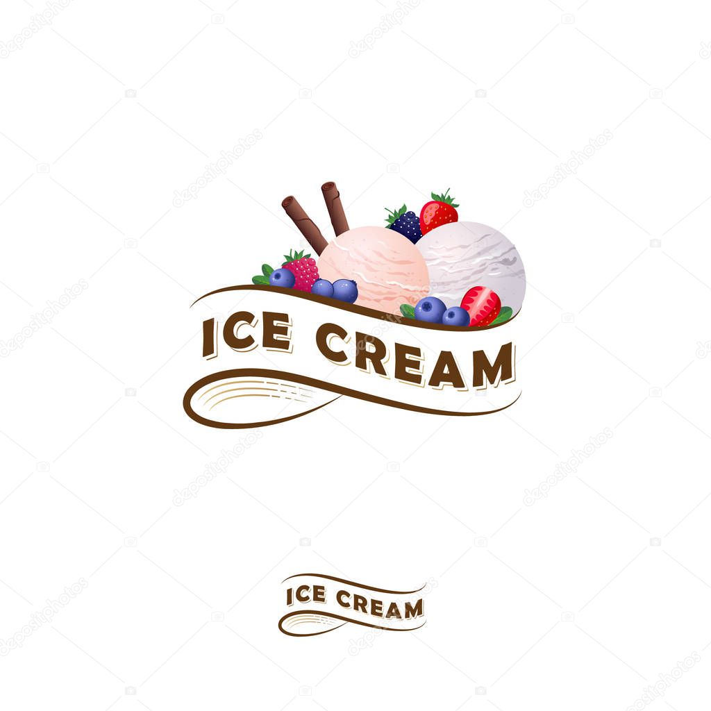 Ice cream logo. Letters on a ribbon and two scoops of ice cream with berries. Ice cream and strawberries, blueberries, blackberry, leaves with cinnamon sticks. Monochrome option.