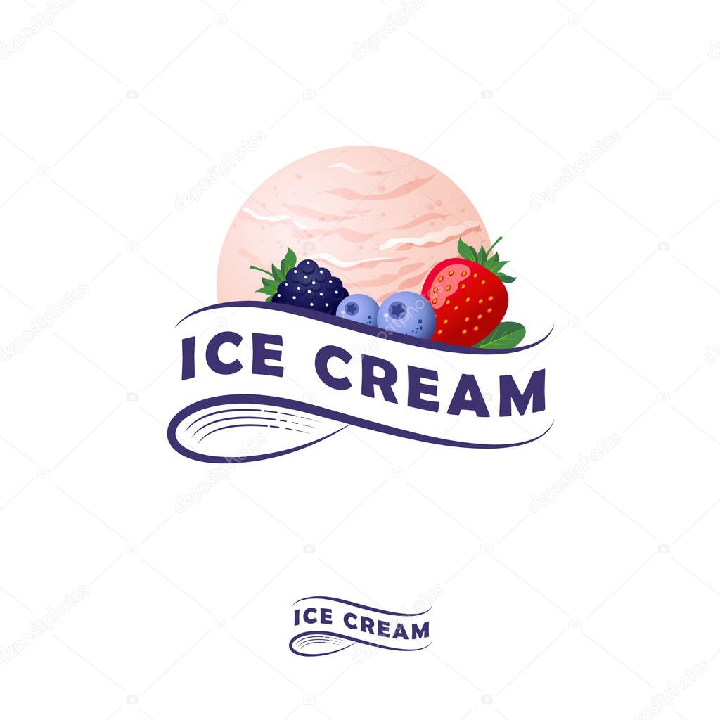 Ice cream logo. Letters on a ribbon and one scoop of ice cream with berries. Ice cream and strawberry, blueberries, blackberry and leaves. Monochrome option.